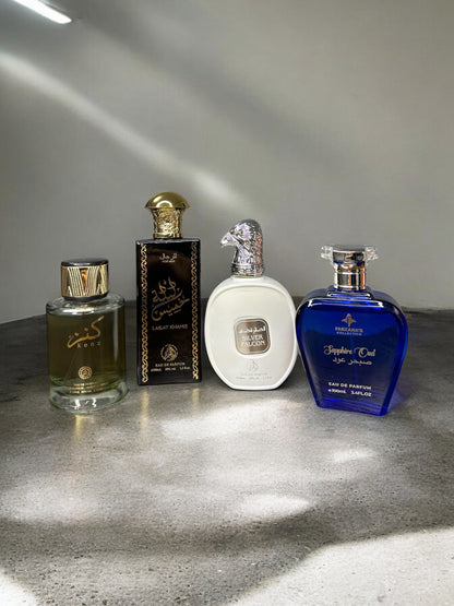 SET 4 PARFUMURI ARABESTI BARBATI 100ml - Kenz, Silver Falcon, Sapphire Oud & Lailat Khamis